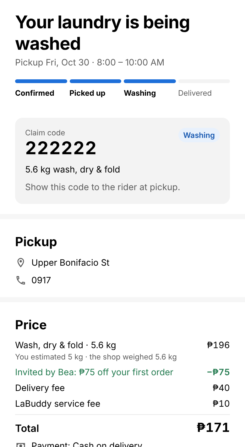 A LaBuddy order being washed, with the real weight and the final price